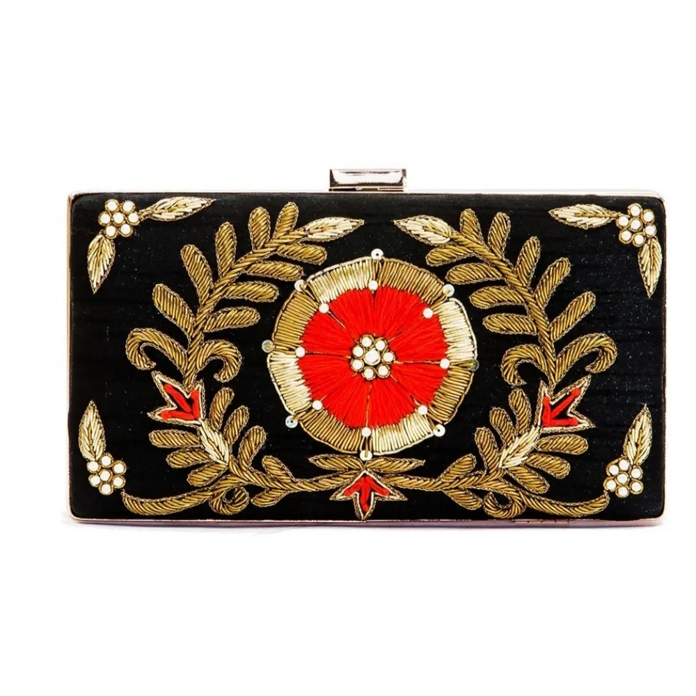 Spring/Summer/Wedding Elegant Black and Gold Embroidered Clutch